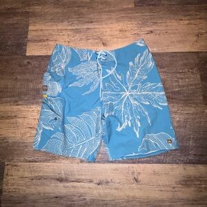 Quiksilver Blue and Tan Board Shorts with Tropical Design